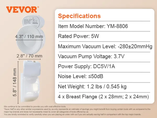 VEVOR wearable breast pump specifications and accessories list with product dimensions and details.