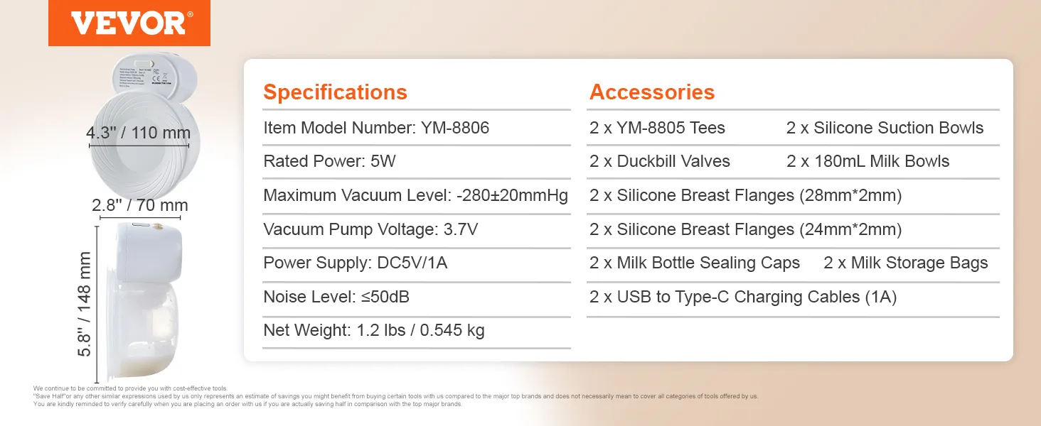 VEVOR wearable breast pump specifications and accessories list with product dimensions and details.