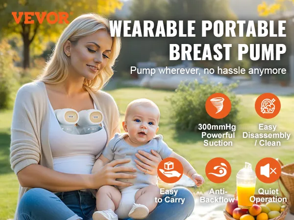 VEVOR wearable breast pump, easy to carry, quiet operation, anti-backflow, powerful suction, easy clean.