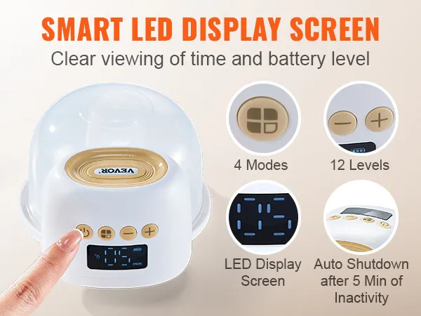 VEVOR wearable breast pump with smart led display, 4 modes, 12 levels, and auto shutdown feature.