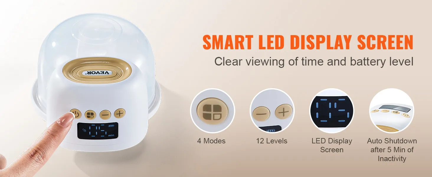 VEVOR wearable breast pump with smart led display, 4 modes, 12 levels, and auto shutdown feature.