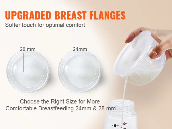 upgraded breast flanges for VEVOR wearable breast pump, softer touch, 24mm and 28mm sizes, optimal comfort.
