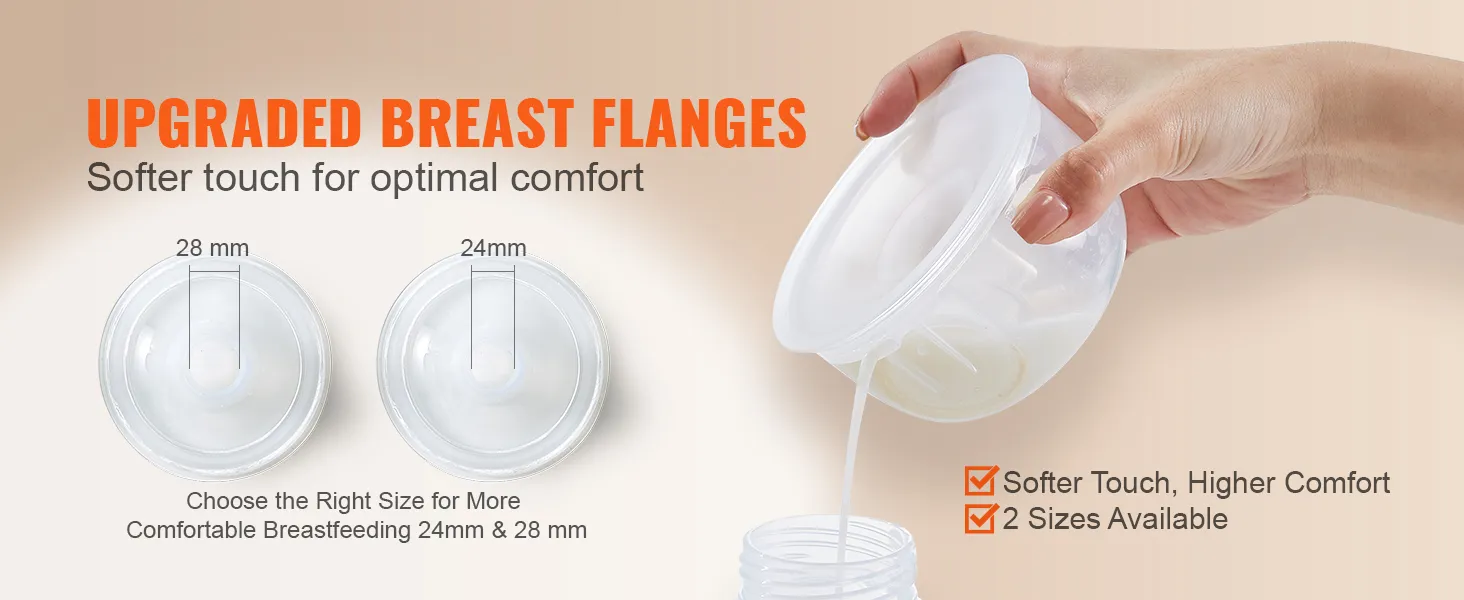 upgraded breast flanges for VEVOR wearable breast pump, softer touch, 24mm and 28mm sizes, optimal comfort.