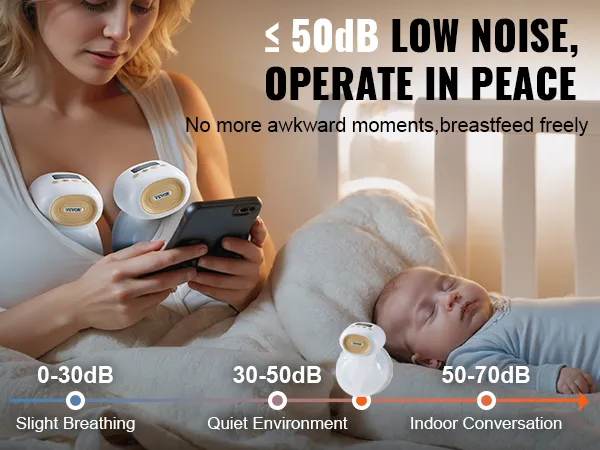 VEVOR wearable breast pump in use, highlighting low noise levels for discreet breastfeeding.