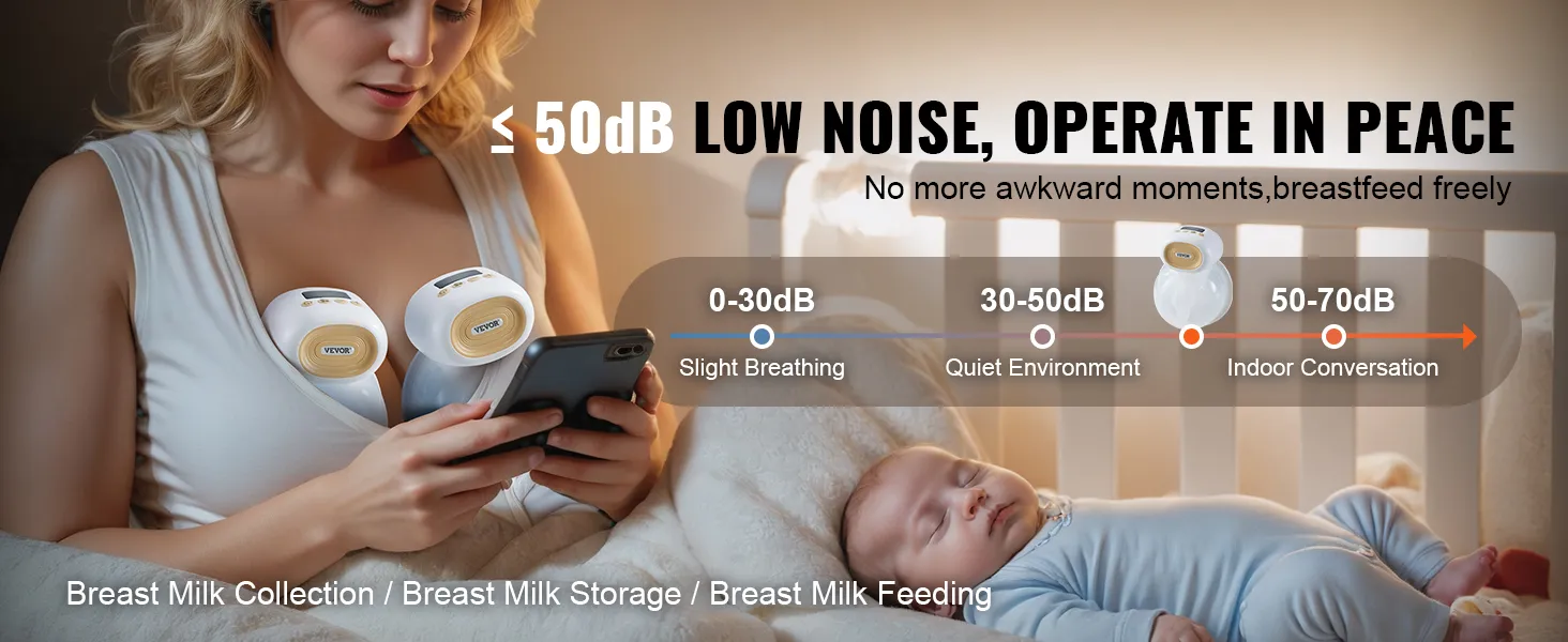 VEVOR wearable breast pump in use, highlighting low noise levels for discreet breastfeeding.