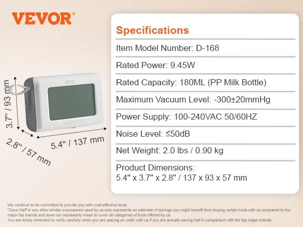 VEVOR electric breast pump specifications with dimensions and list of included accessories.