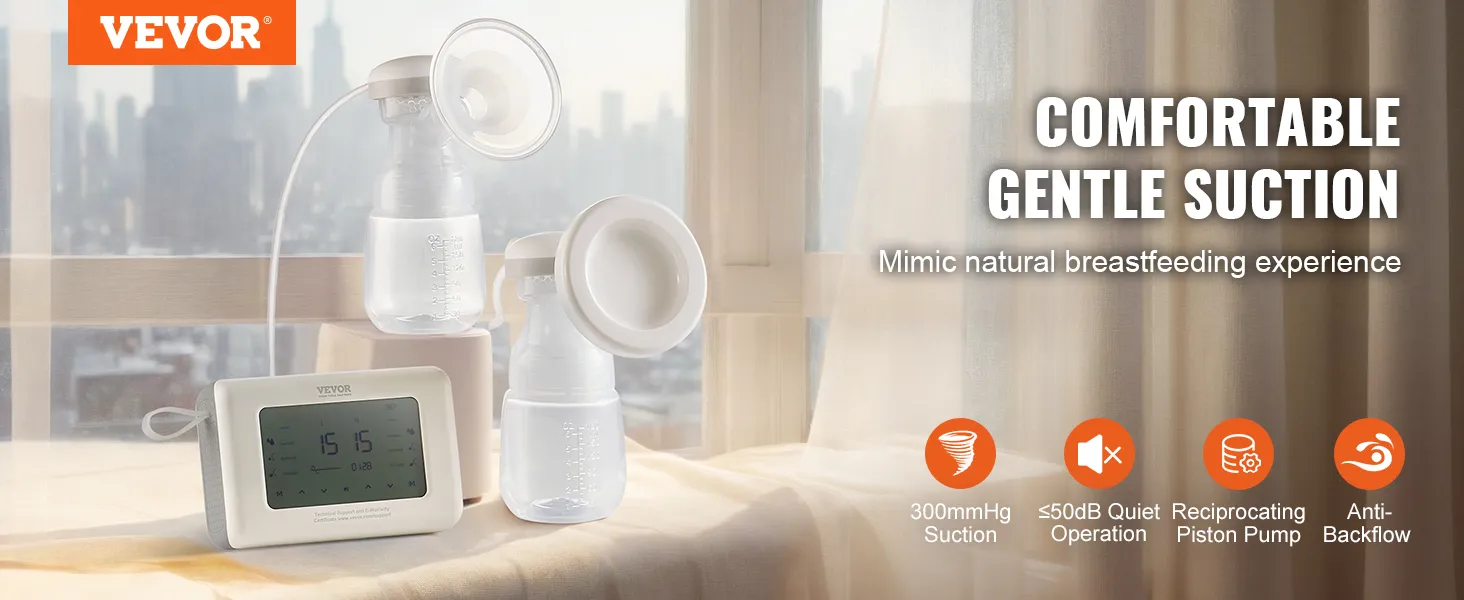 VEVOR electric breast pump with dual bottles and digital display for comfortable, gentle suction.
