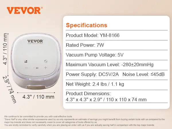 Extractor de leche eléctrico doble VEVOR, especificaciones y lista de accesorios con dimensiones del producto.