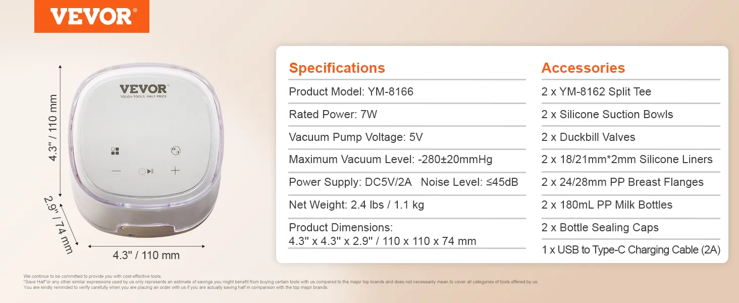 Extractor de leche eléctrico doble VEVOR, especificaciones y lista de accesorios con dimensiones del producto.