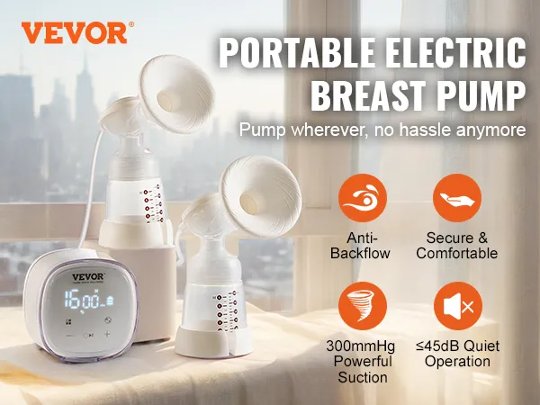 Extractor de leche eléctrico doble VEVOR sobre una mesa cerca de una ventana con vistas al horizonte de la ciudad y con funciones mostradas.