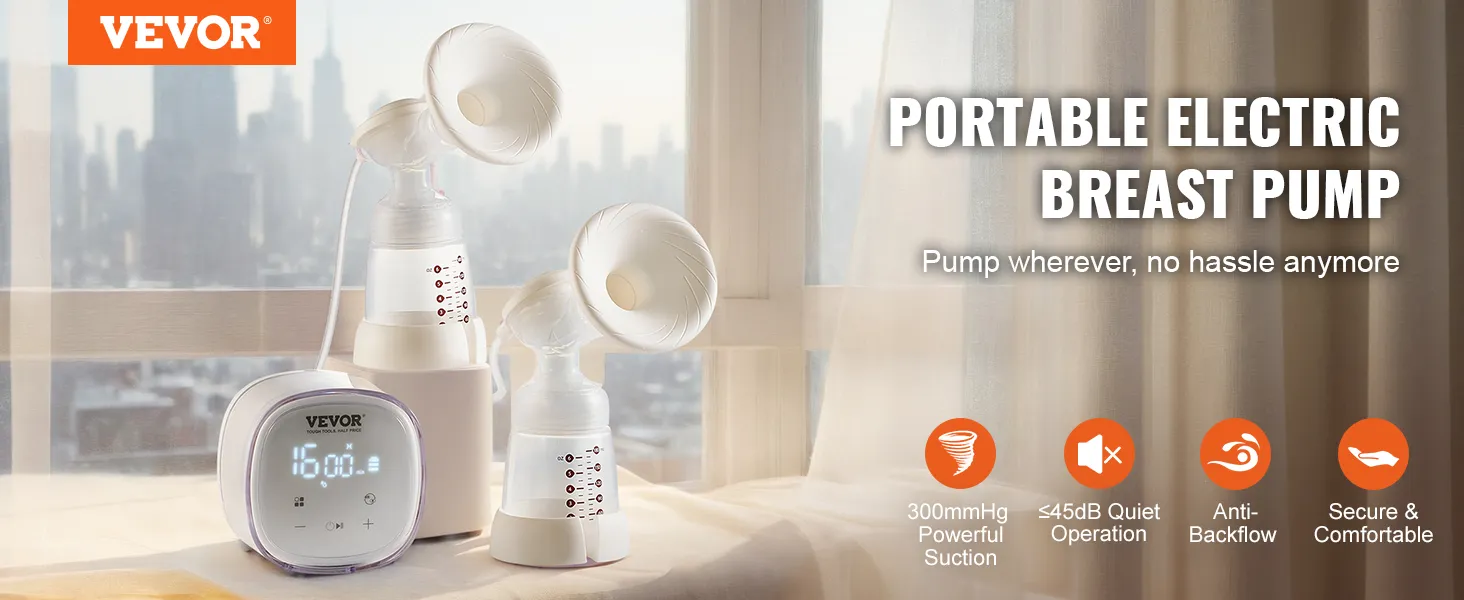 Extractor de leche eléctrico doble VEVOR sobre una mesa cerca de una ventana con vistas al horizonte de la ciudad y con funciones mostradas.