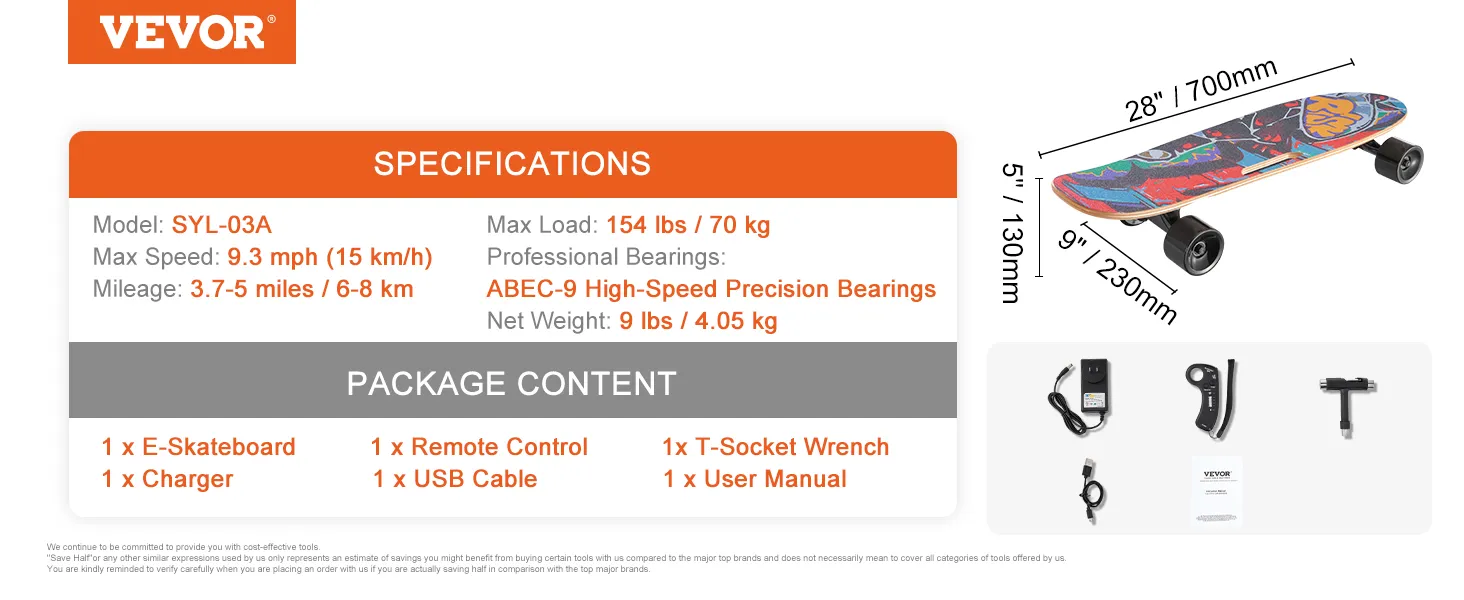 VEVOR electric longboard specifications and package contents with colorful board graphic and tools.