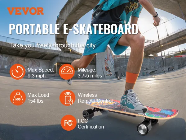 VEVOR electric longboard in skatepark, with max speed 9.3 mph, wireless remote control, and fcc certification.