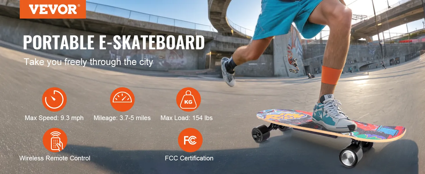 VEVOR electric longboard in skatepark, with max speed 9.3 mph, wireless remote control, and fcc certification.