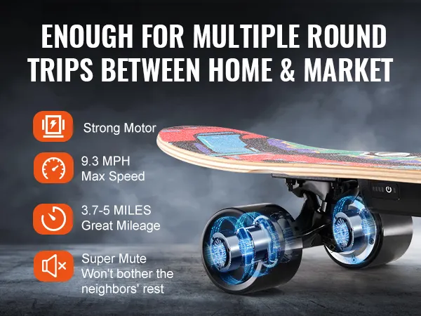 VEVOR electric longboard with strong motor, 9.3 mph max speed, and 3.7-5 miles range for round trips.