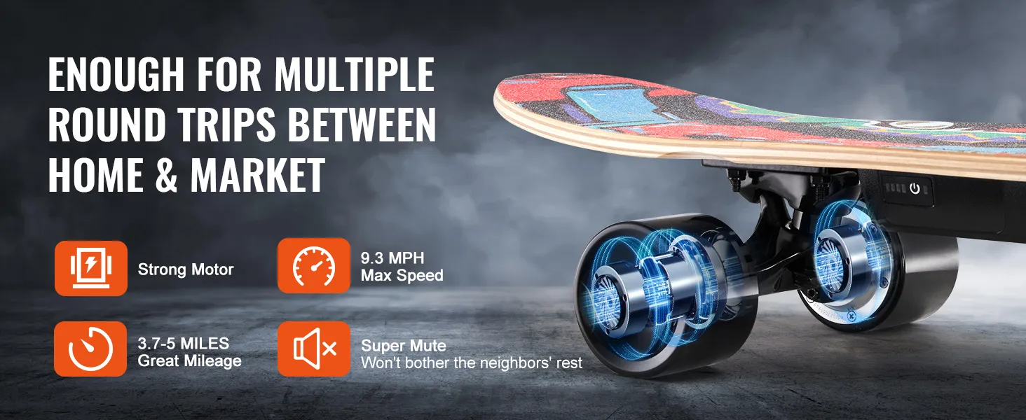 VEVOR electric longboard with strong motor, 9.3 mph max speed, and 3.7-5 miles range for round trips.