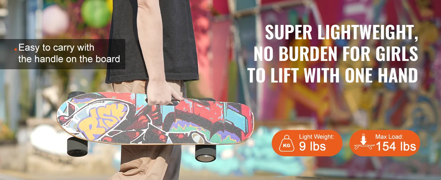 person carrying VEVOR electric longboard with colorful graffiti design, highlighting lightweight and easy handling.