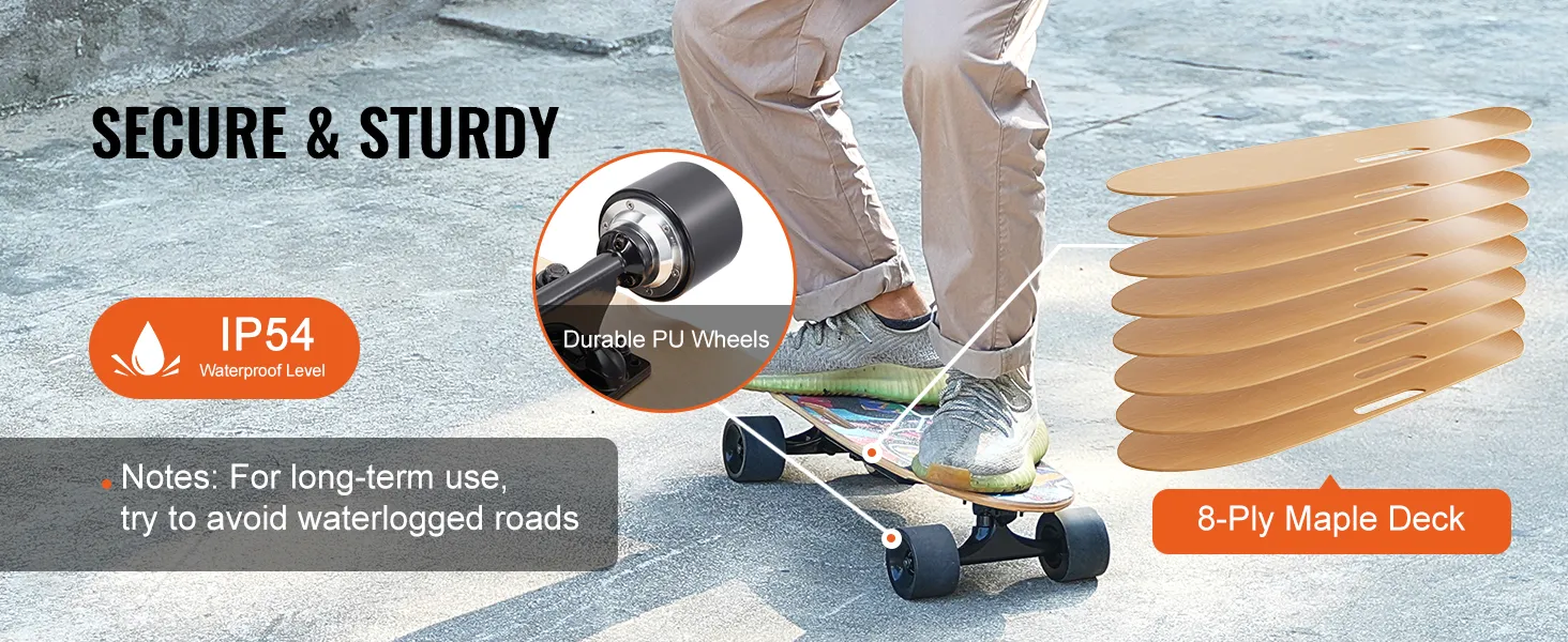 secure VEVOR electric longboard with ip54 waterproof rating, 8-ply maple deck, and durable pu wheels.