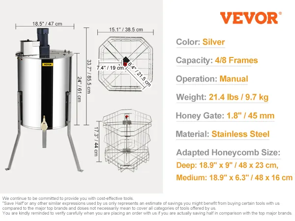 Elektrische Honigschleuder von VEVOR: Edelstahl, 4/8-Rahmen, 17,8 kg, 140 W, 1300 U/min, silber.