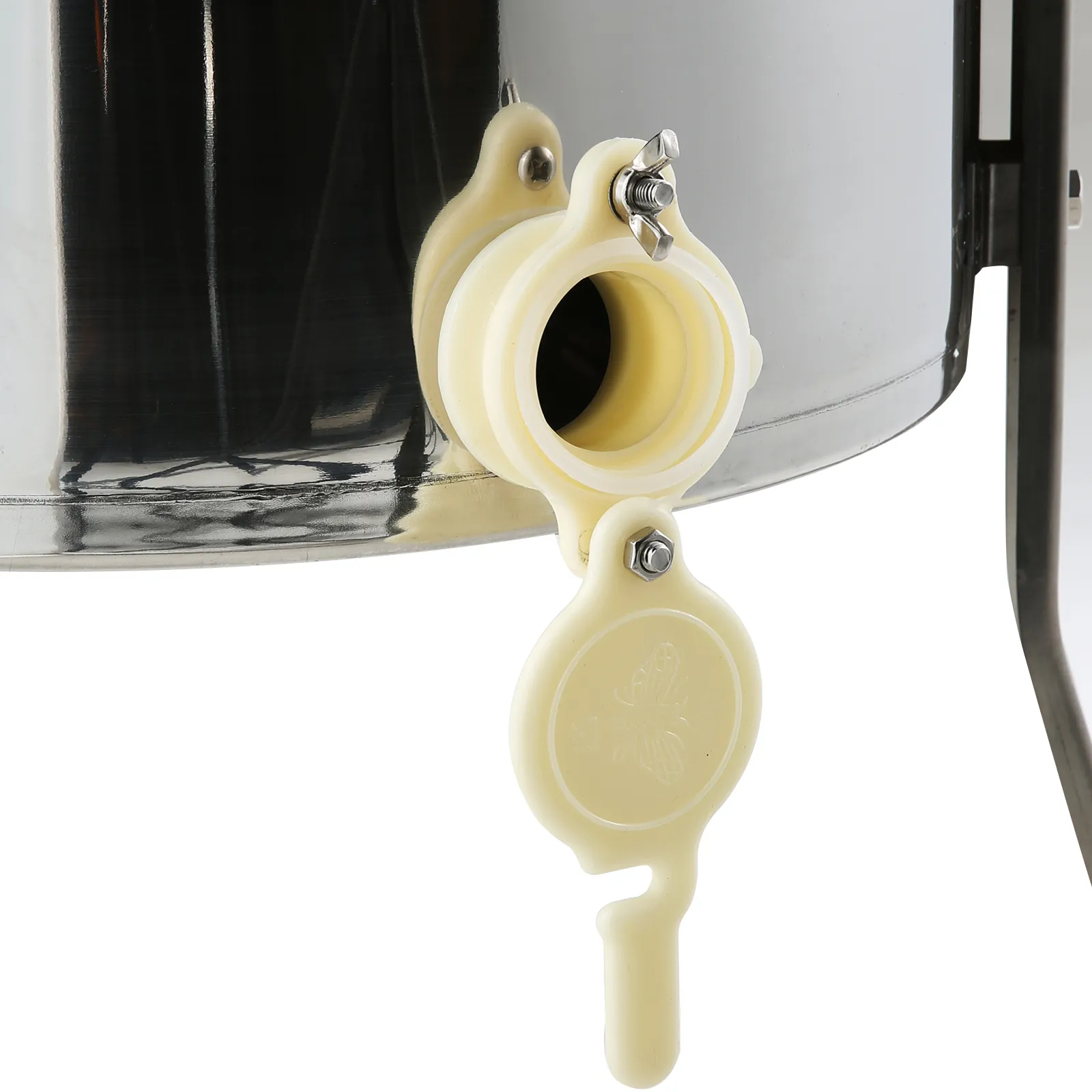 Válvula de compuerta de miel de un extractor de miel VEVOR de acero inoxidable con impresión de mariposa.