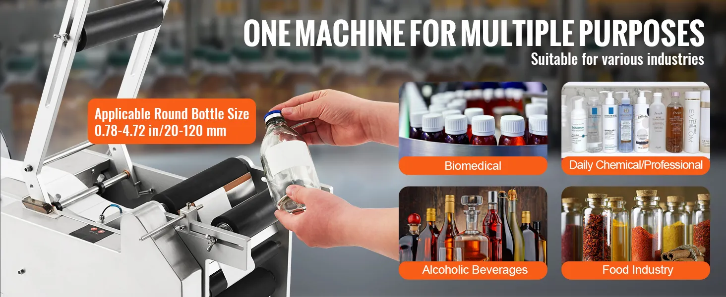 Máquina etiquetadora de botellas redondas VEVOR para industrias biomédicas, químicas, alimentarias y alcohólicas, tamaño 20-120 mm.
