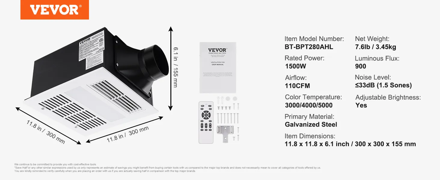 Extractor de aire para baño VEVOR con control remoto, potencia de 1500 W, flujo de aire de 110 cfm y brillo ajustable.