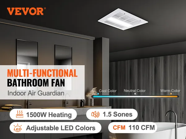 Extractor de aire para baño VEVOR con calefacción y colores LED regulables en un baño moderno.