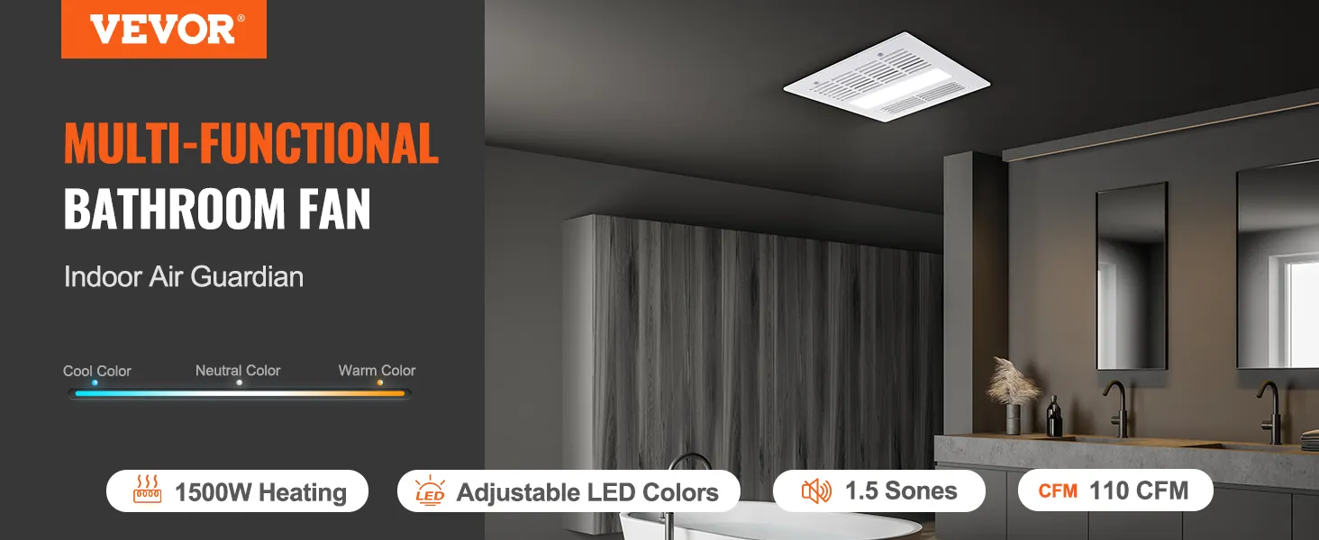 Extractor de aire para baño VEVOR con calefacción y colores LED regulables en un baño moderno.