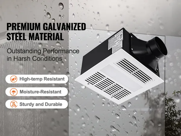 Extractor de aire para baño VEVOR en ducha; resistente a altas temperaturas, resistente a la humedad, acero galvanizado robusto.