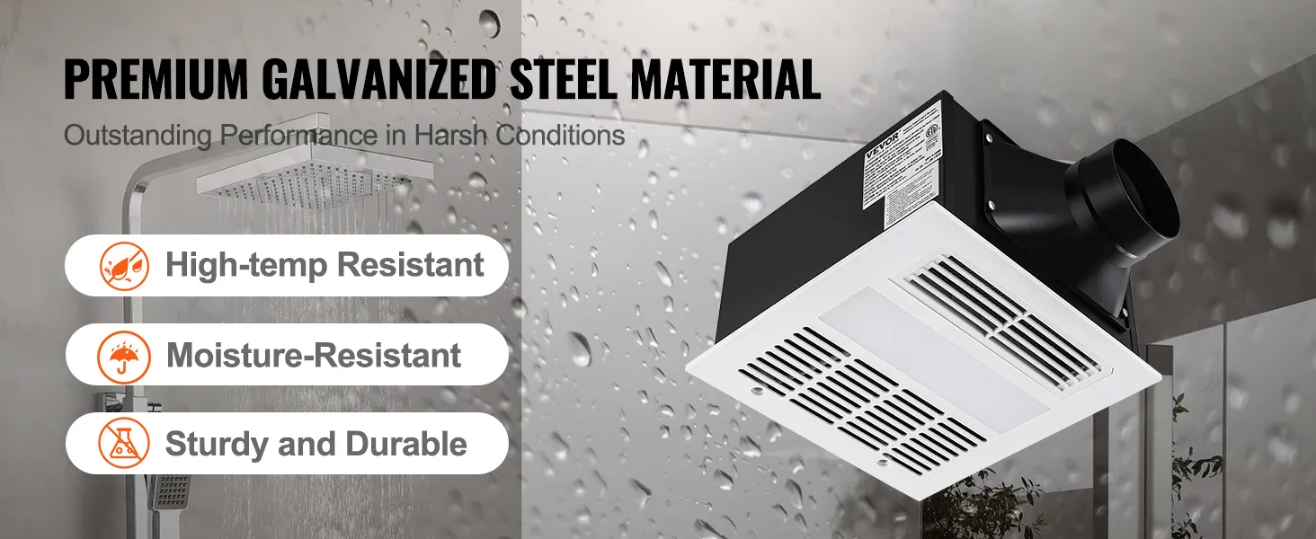 Extractor de aire para baño VEVOR en ducha; resistente a altas temperaturas, resistente a la humedad, acero galvanizado robusto.
