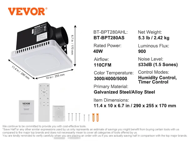 Extractor de aire para baño VEVOR bt-bpt280as, 40 W, 110 cfm, ruido ≤33 db, temperatura de color 3000/4000/5000 k, control de temporizador.