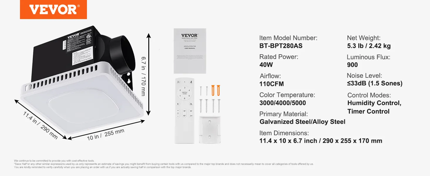 Extractor de aire para baño VEVOR bt-bpt280as, 40 W, 110 cfm, ruido ≤33 db, temperatura de color 3000/4000/5000 k, control de temporizador.