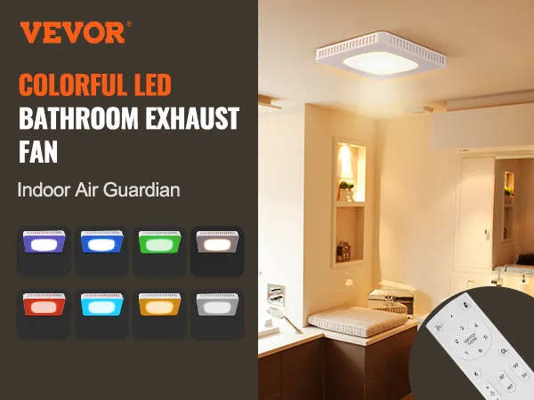 Extractor de aire para baño VEVOR con LED de colores, opciones de control remoto y ajustes de color de luz en un baño moderno.