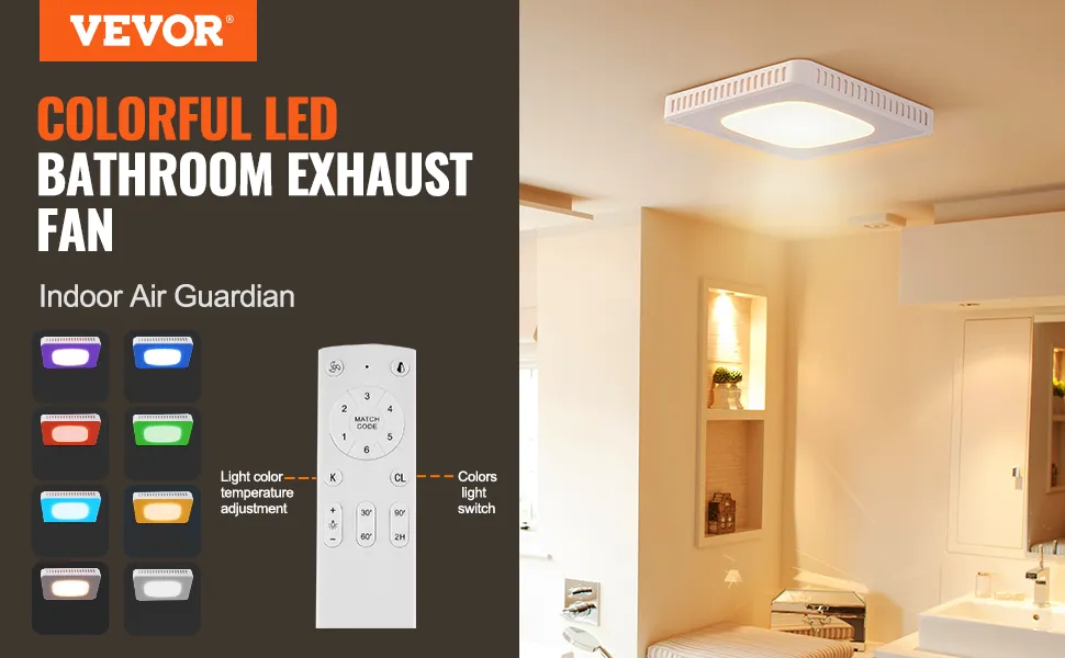Extractor de aire para baño VEVOR con LED de colores, opciones de control remoto y ajustes de color de luz en un baño moderno.