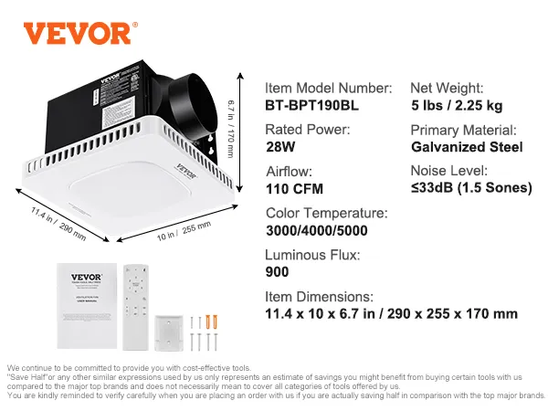 Extractor de aire para baño VEVOR, 110 cfm, 28 w, 3000/4000/5000 k, 900 lúmenes, acero galvanizado, 5 lbs.