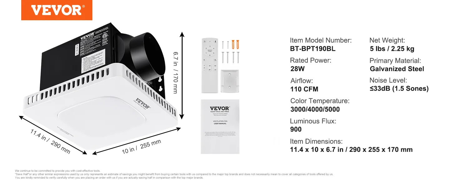 Extractor de aire para baño VEVOR, 110 cfm, 28 w, 3000/4000/5000 k, 900 lúmenes, acero galvanizado, 5 lbs.