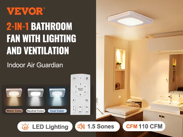 Extractor de aire para baño VEVOR 2 en 1 con iluminación LED, ventilación, control remoto y ajuste de color.