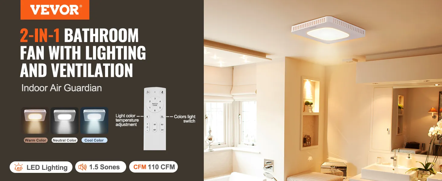 Extractor de aire para baño VEVOR 2 en 1 con iluminación LED, ventilación, control remoto y ajuste de color.