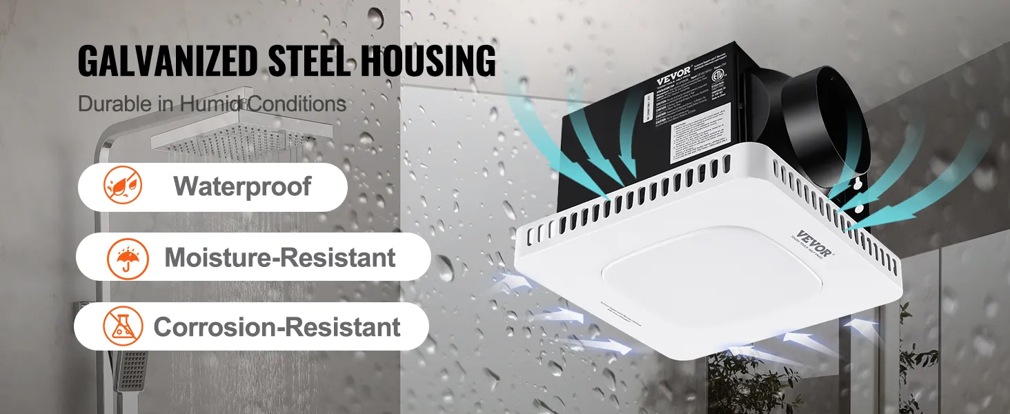 Extractor de aire para baño VEVOR con carcasa de acero galvanizado, resistente al agua, a la humedad y a la corrosión.
