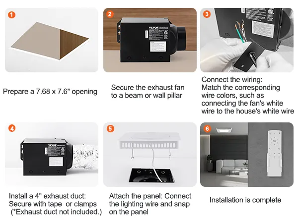 Guía de instalación del extractor de aire de baño VEVOR con pasos de cableado y configuración completa en la sala de estar.