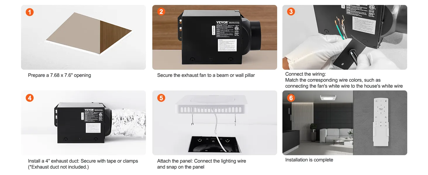Guía de instalación del extractor de aire de baño VEVOR con pasos de cableado y configuración completa en la sala de estar.
