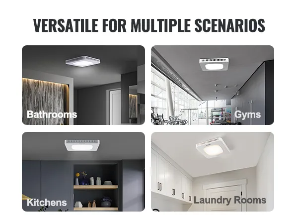 Extractor de aire para baño VEVOR en baños, gimnasios, cocinas y lavaderos, que muestra versatilidad.