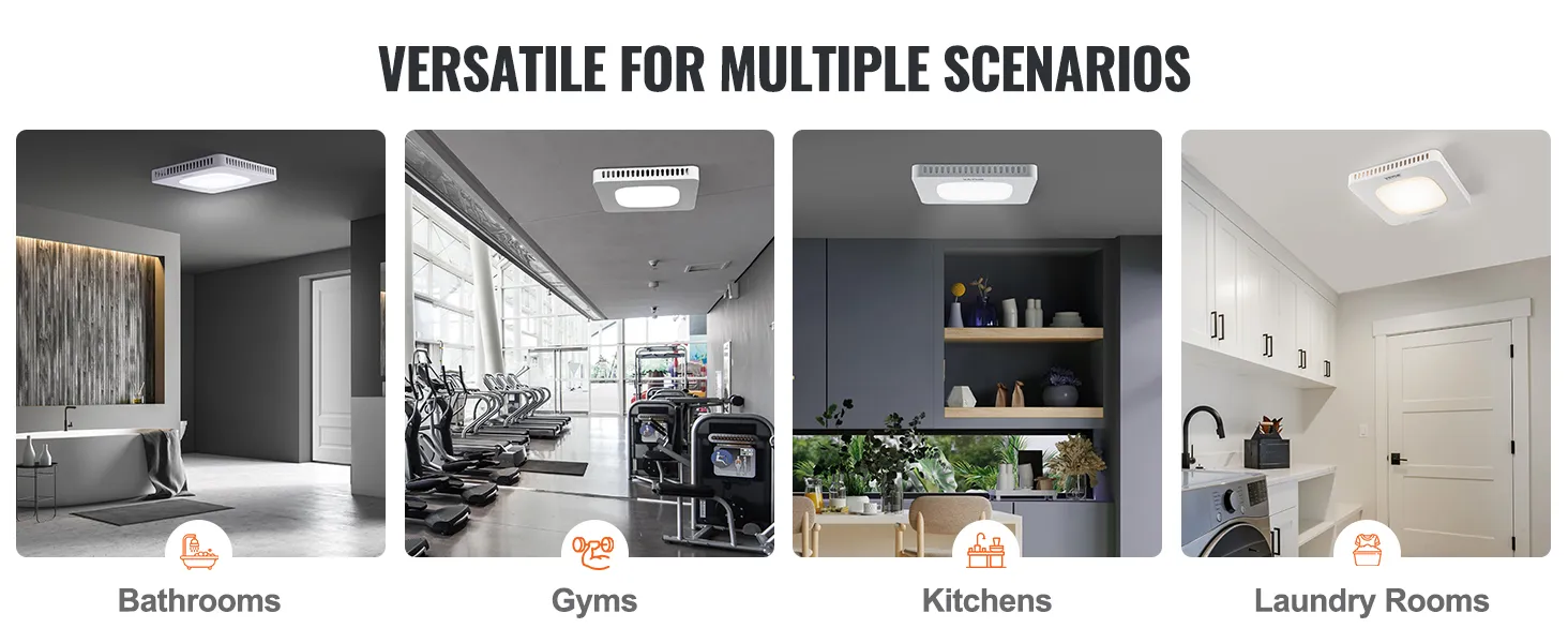 Extractor de aire para baño VEVOR en baños, gimnasios, cocinas y lavaderos, que muestra versatilidad.