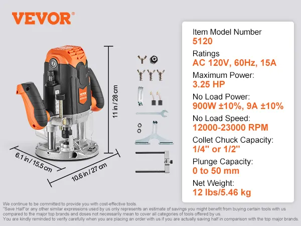 Fresadora de inmersión VEVOR 5120 con 120 V, 3,25 HP, 900 W, 12 000-23 000 rpm y portabrocas de 1/4" o 1/2".