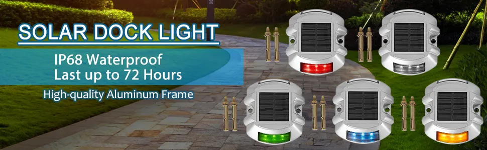 VEVOR solar deck lights featuring ip68 waterproof rating, aluminum frame, multiple colors, and 72-hour runtime.