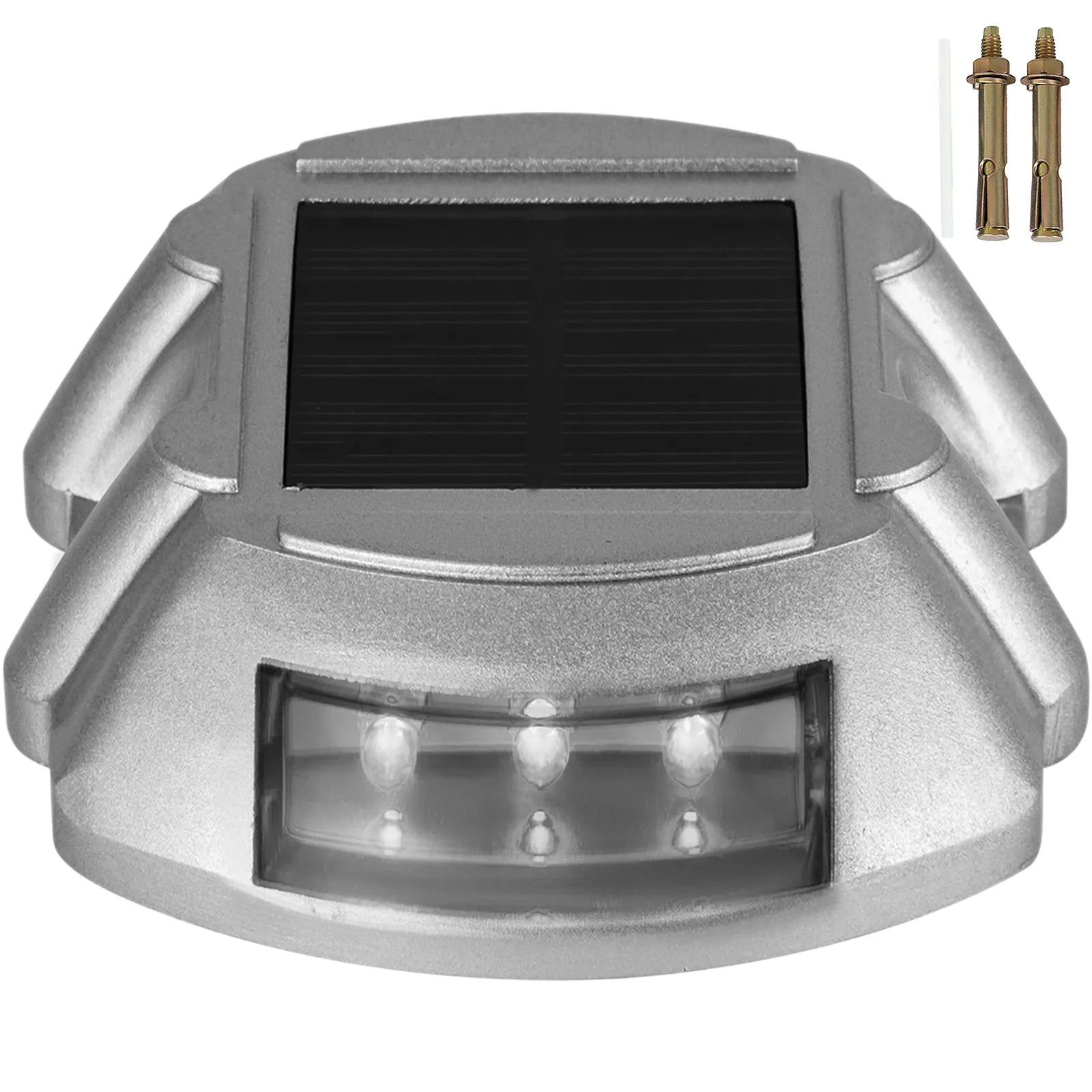 silver VEVOR solar deck lights with built-in leds and two mounting bolts.
