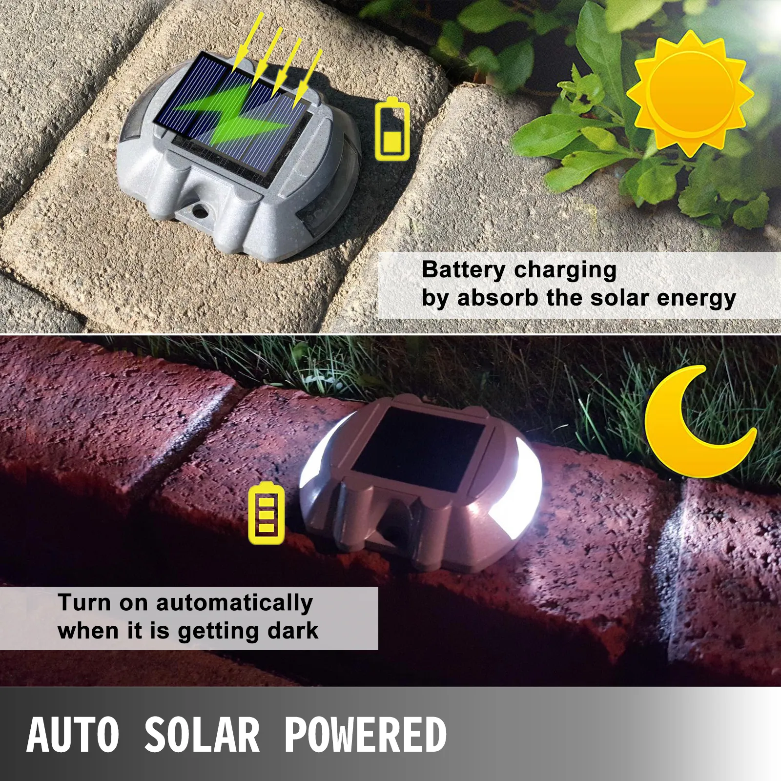 VEVOR solar deck lights absorbing solar energy in the day and illuminating automatically at night.