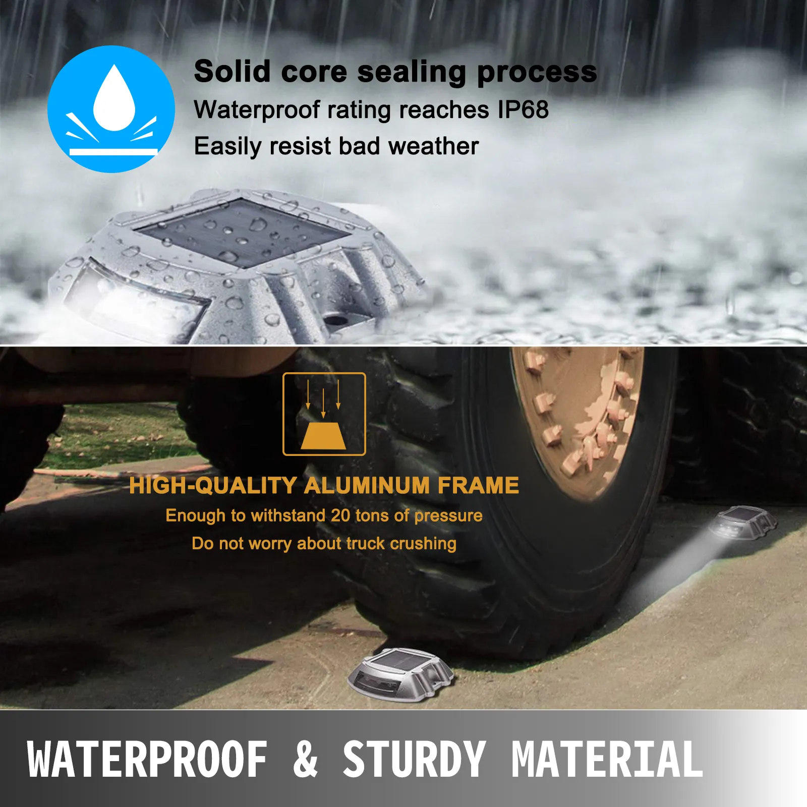 VEVOR solar deck lights with ip68 waterproof rating and aluminum frame, withstands 20 tons pressure.