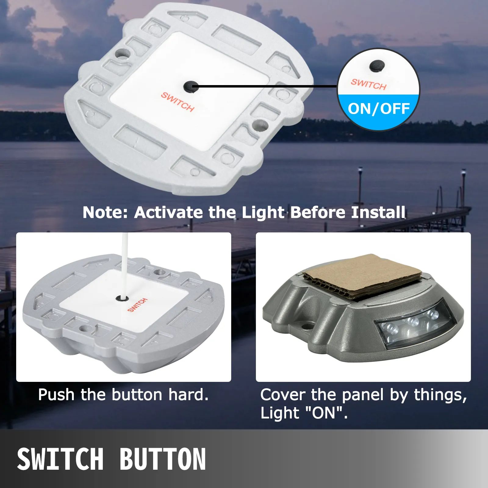 VEVOR solar deck lights with switch button instructions, showing activation steps before installation.
