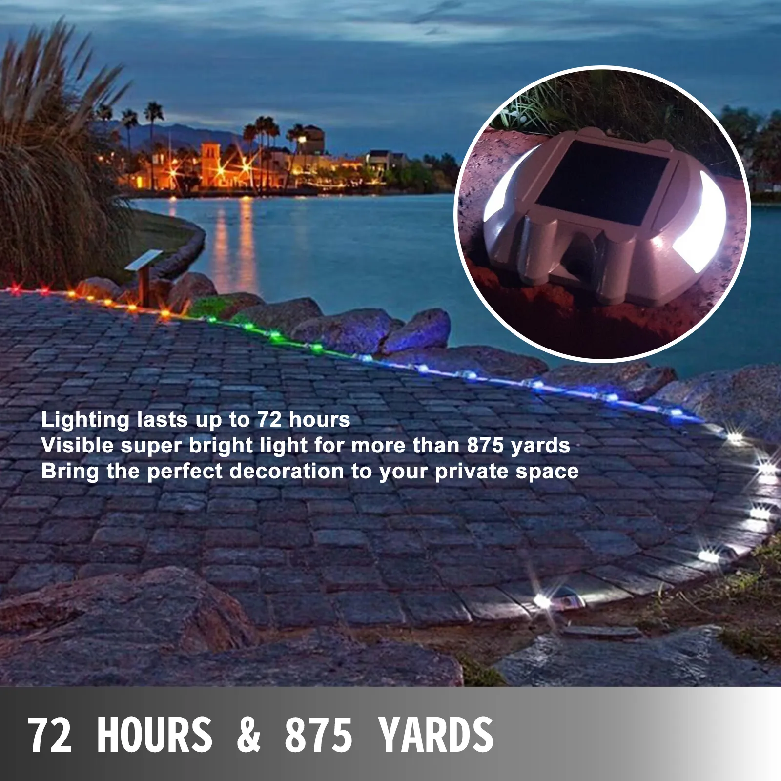 VEVOR solar deck lights illuminating a lakeside pathway with vibrant colors, lasting up to 72 hours.
